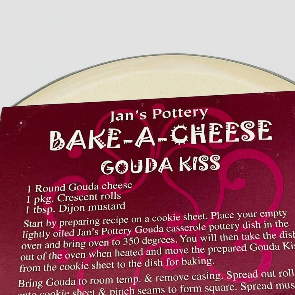 Black and white swirl glazed handmade baking dish by Jan's Pottery gouda recipe